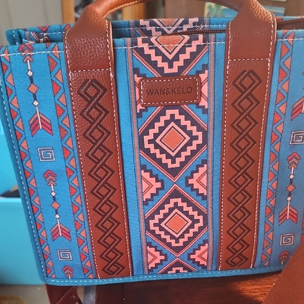 Blue and Brown Geometric Fashion Bag.